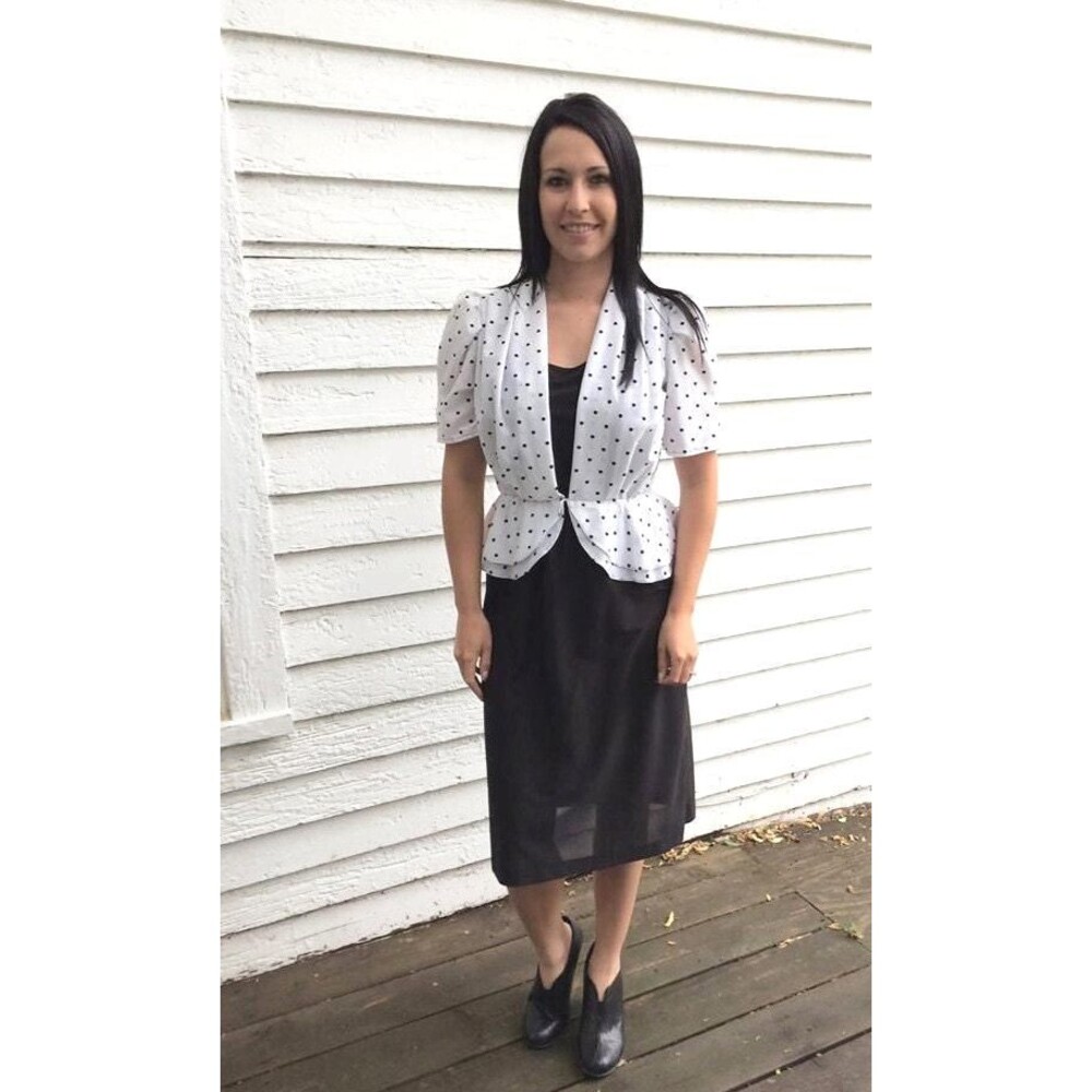 80s Polka Dot Peplum Dress Black White Sheer XS S - Picture 3 of 10
